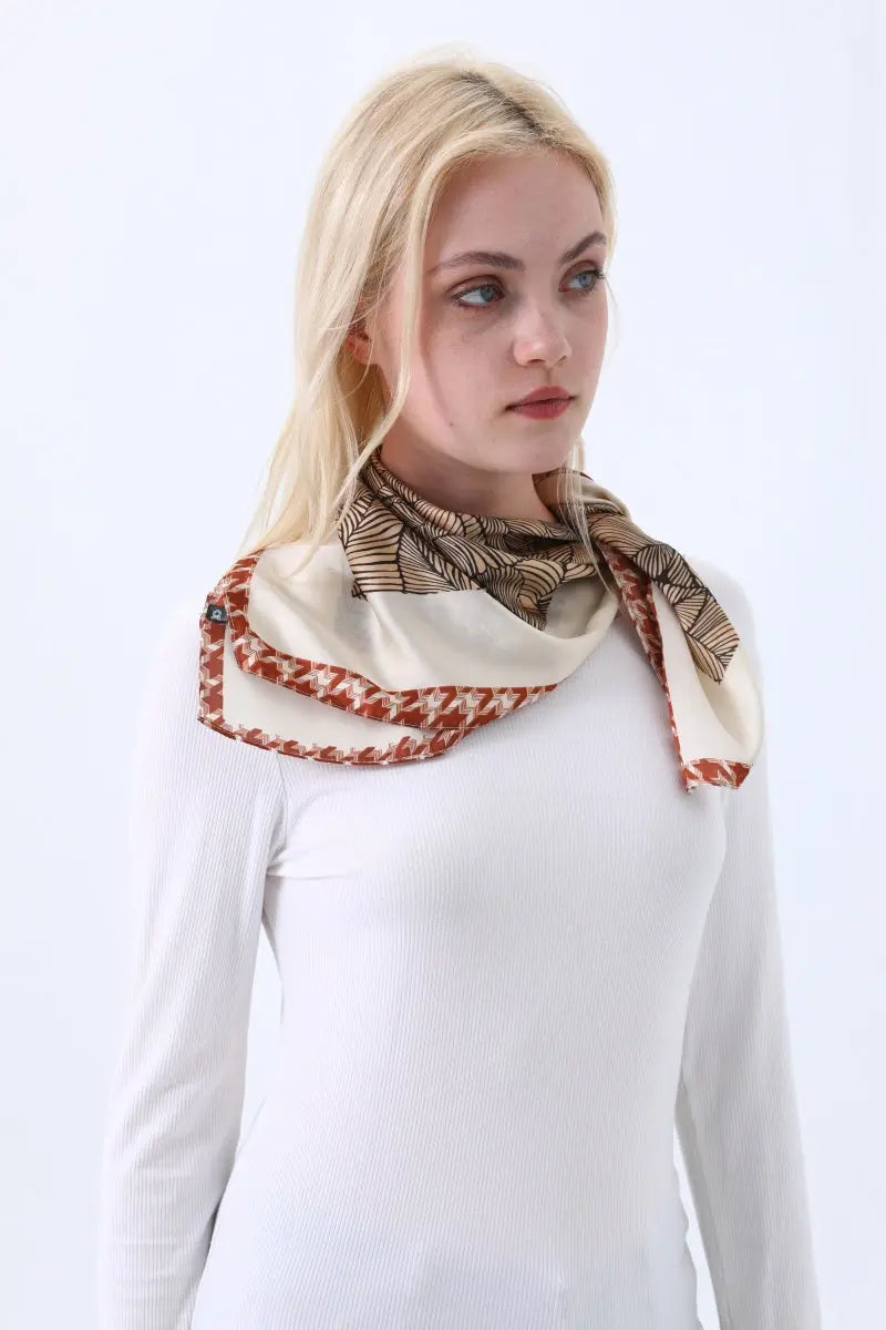 Women's Elegant Square Scarf with Abstract Leaf Print & Houndstooth Trim - NeoKira Unlimited