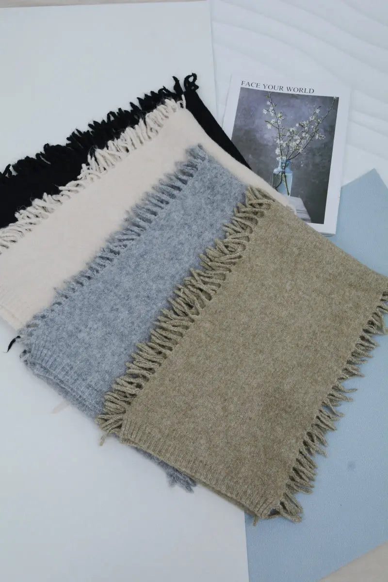 Women Solid Color Fringe Knit Scarf Soft Warm Plain Tassel Winter Wrap 🧣🤎 - NeoKira Unlimited