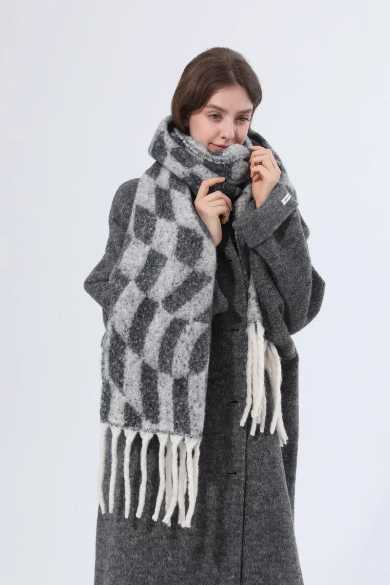Women Abstract Diamond Check Tassel Scarf Soft Thick Winter Wrap Shawl 🧣✨ - NeoKira Unlimited