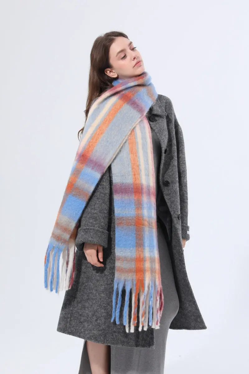 Women Color Block Plaid Tassel Scarf Soft Thick Warm Winter Wrap Shawl 🧣❄️ - NeoKira Unlimited