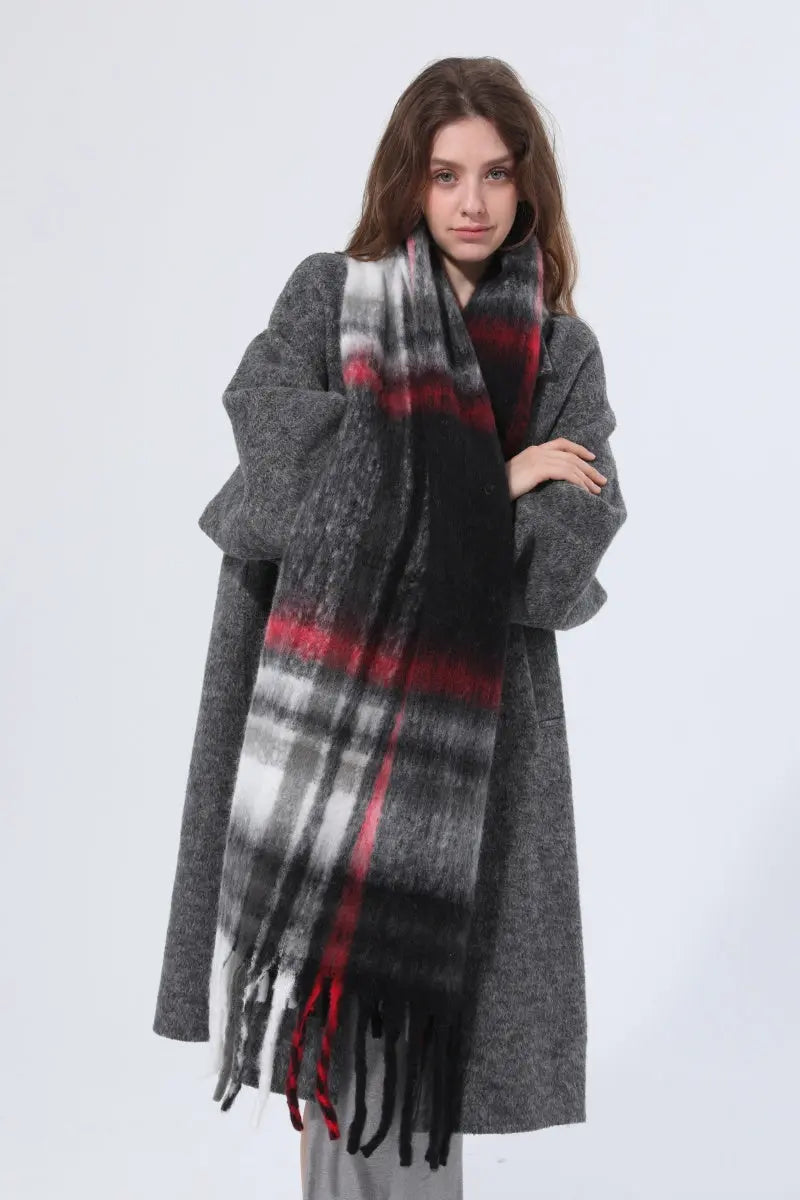 Women Color Block Plaid Tassel Scarf Soft Thick Warm Winter Wrap Shawl 🧣❄️ - NeoKira Unlimited