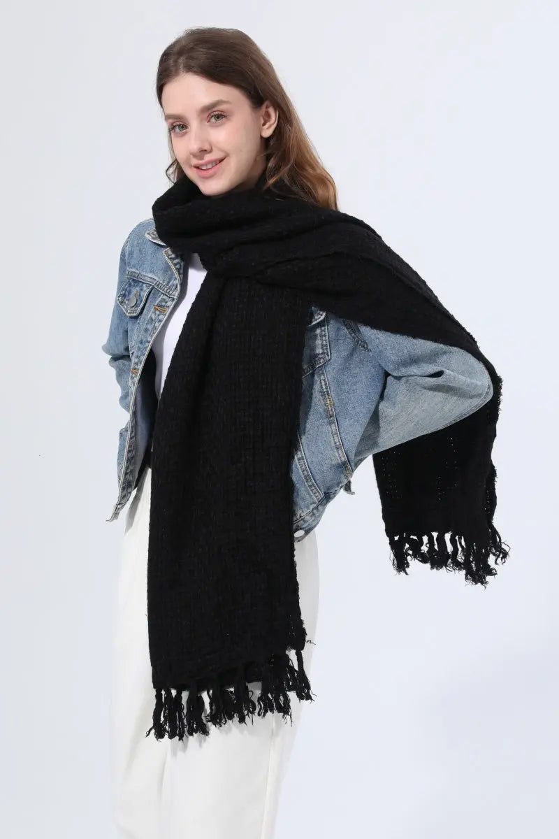Women Solid Waffle Knit Fringe Scarf Soft Shawl Wrap - NeoKira Unlimited