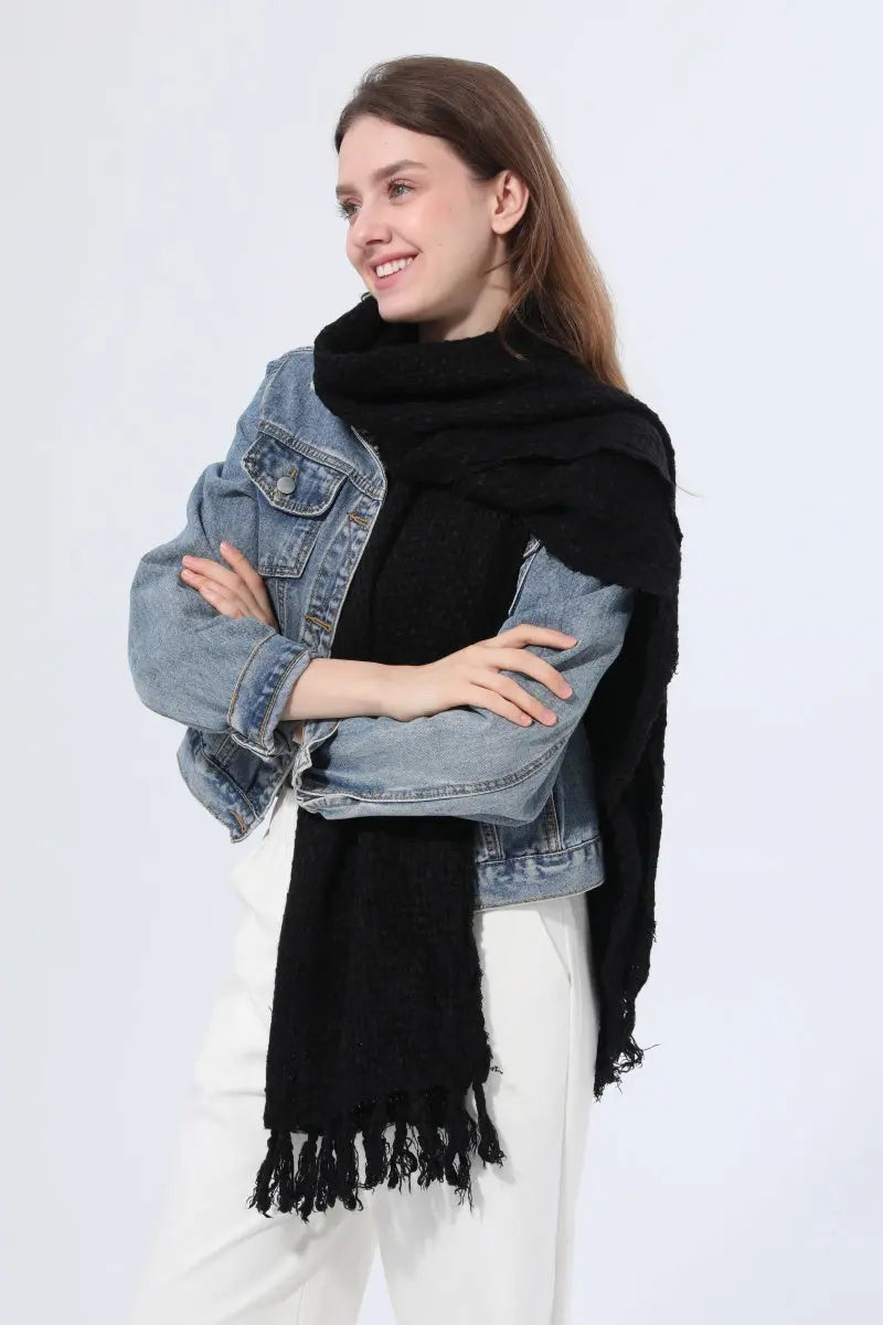Women Solid Waffle Knit Fringe Scarf Soft Shawl Wrap - NeoKira Unlimited