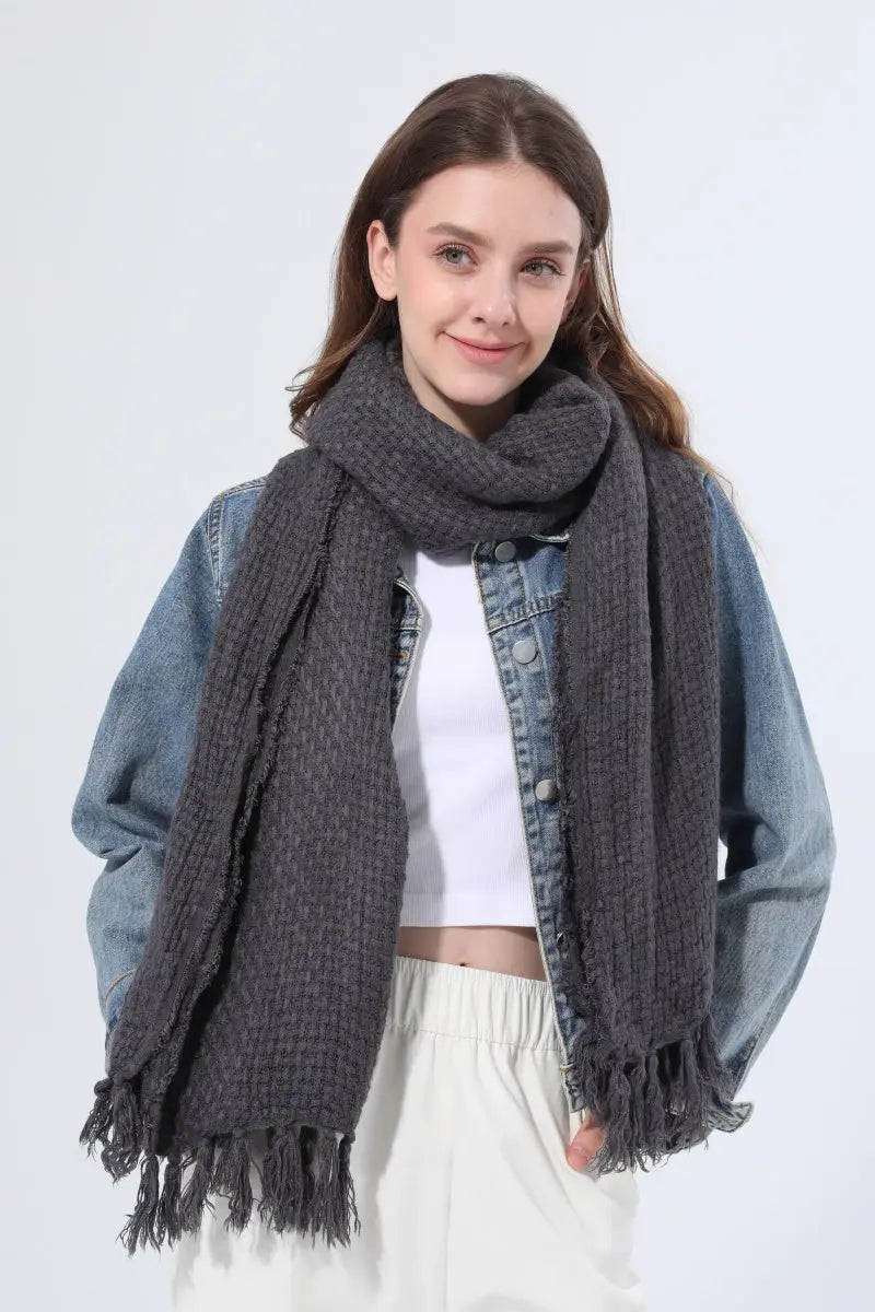Women Solid Waffle Knit Fringe Scarf Soft Shawl Wrap - NeoKira Unlimited