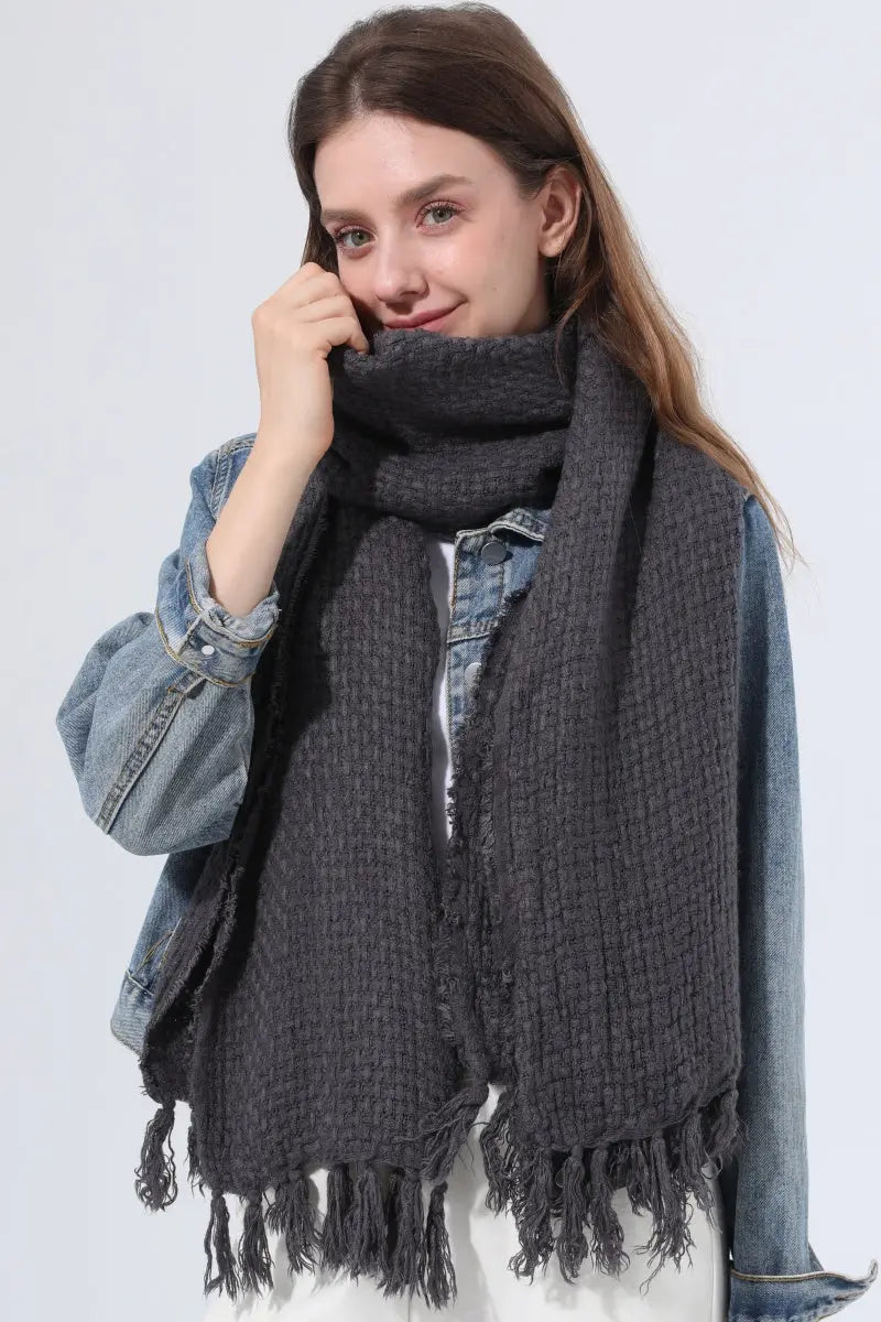 Women Solid Waffle Knit Fringe Scarf Soft Shawl Wrap - NeoKira Unlimited