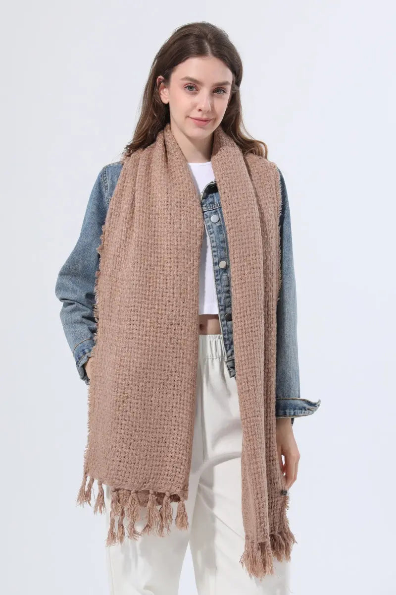 Women Solid Waffle Knit Fringe Scarf Soft Shawl Wrap - NeoKira Unlimited