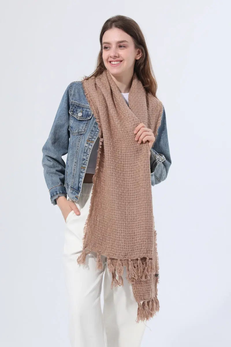 Women Solid Waffle Knit Fringe Scarf Soft Shawl Wrap - NeoKira Unlimited