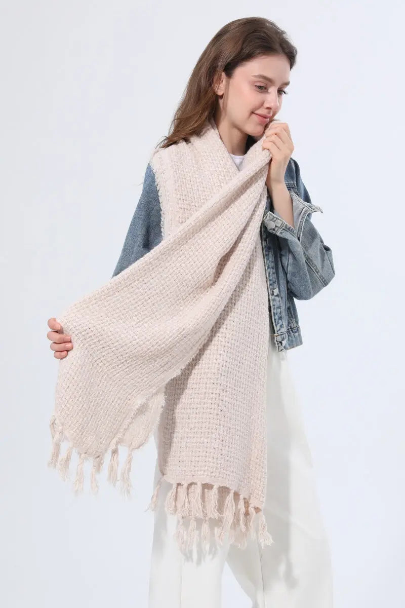 Women Solid Waffle Knit Fringe Scarf Soft Shawl Wrap - NeoKira Unlimited