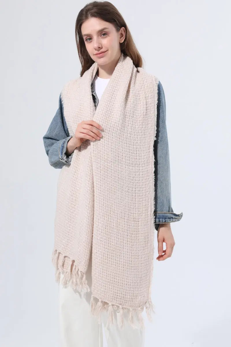 Women Solid Waffle Knit Fringe Scarf Soft Shawl Wrap - NeoKira Unlimited