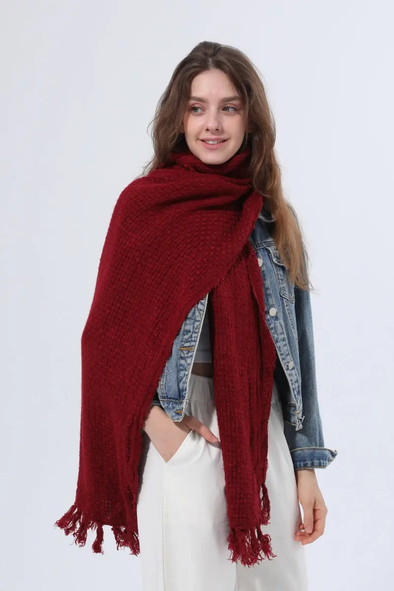 Women Solid Waffle Knit Fringe Scarf Soft Shawl Wrap - NeoKira Unlimited