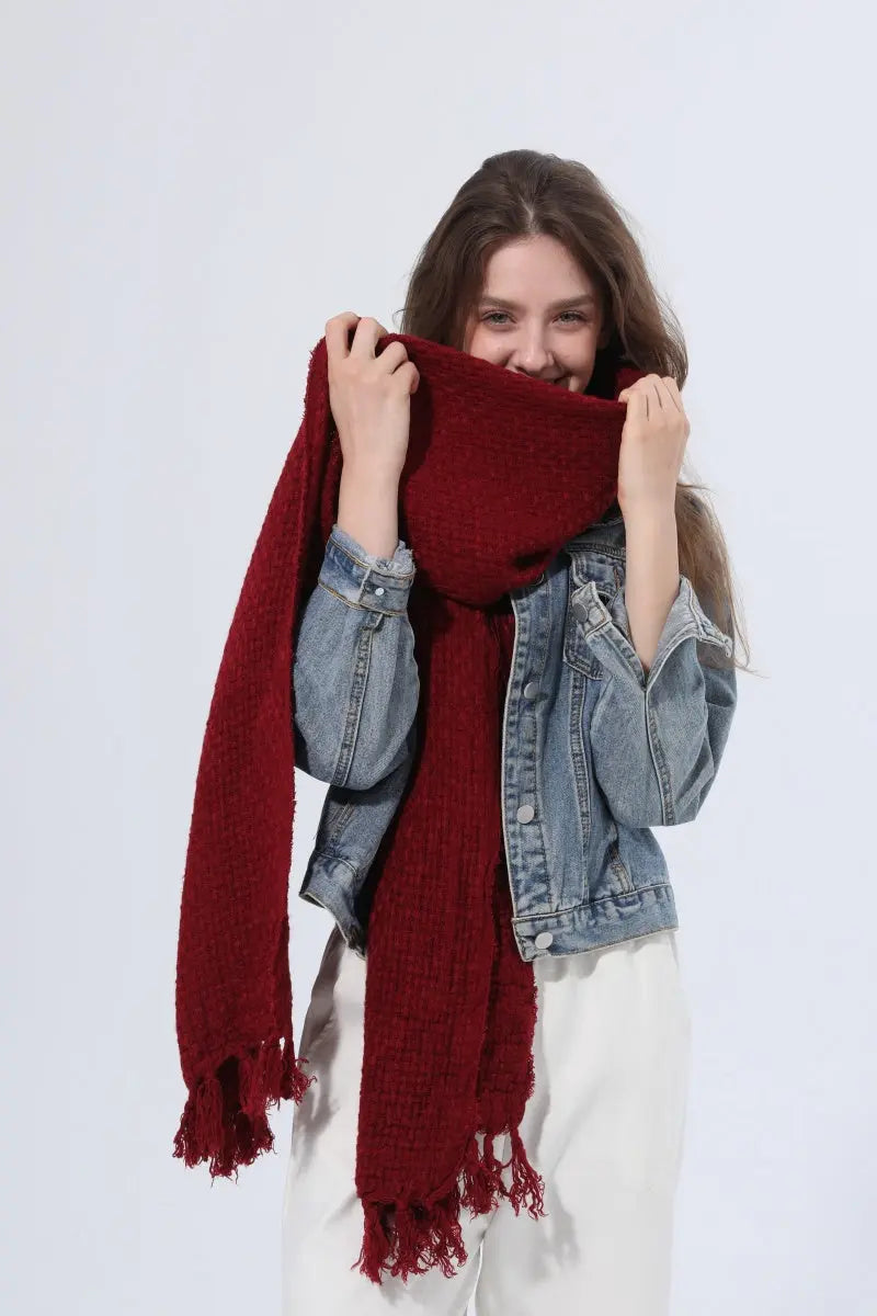 Women Solid Waffle Knit Fringe Scarf Soft Shawl Wrap - NeoKira Unlimited