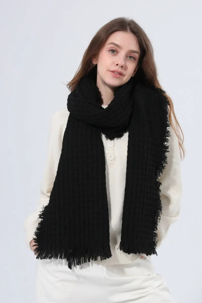 Women Waffle Knit Scarf Soft Fringe Solid Winter Shawl 🧶🤎 - NeoKira Unlimited