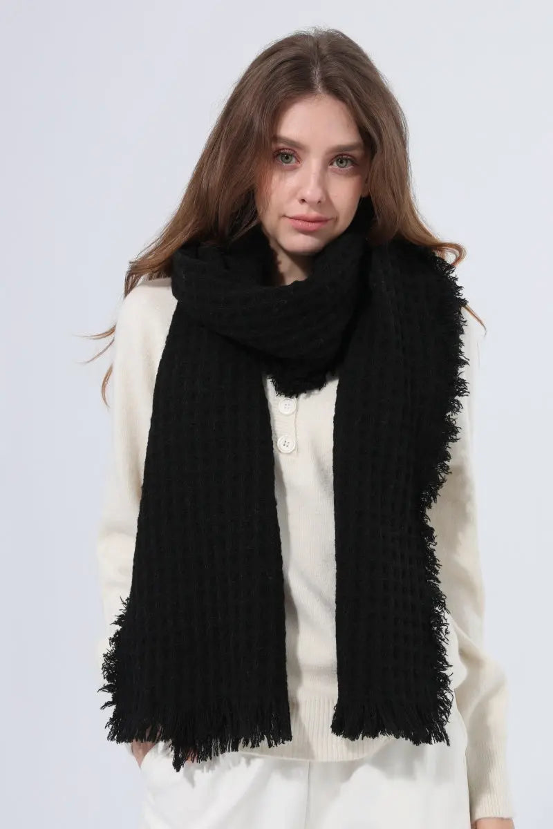 Women Waffle Knit Scarf Soft Fringe Solid Winter Shawl 🧶🤎 - NeoKira Unlimited