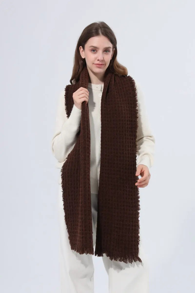 Women Waffle Knit Scarf Soft Fringe Solid Winter Shawl 🧶🤎 - NeoKira Unlimited