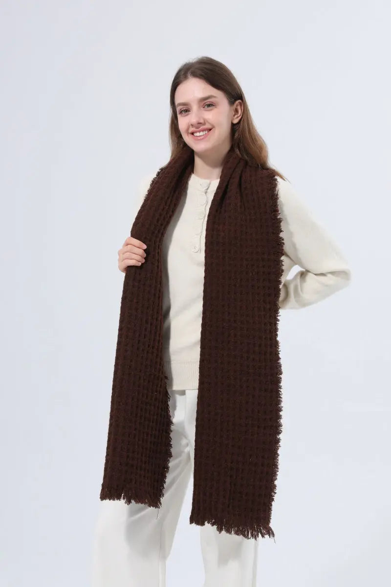 Women Waffle Knit Scarf Soft Fringe Solid Winter Shawl 🧶🤎 - NeoKira Unlimited