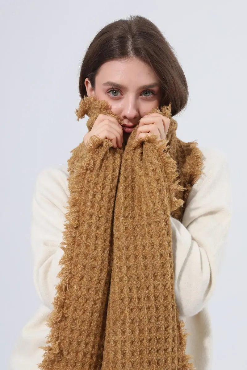 Women Waffle Knit Scarf Soft Fringe Solid Winter Shawl 🧶🤎 - NeoKira Unlimited