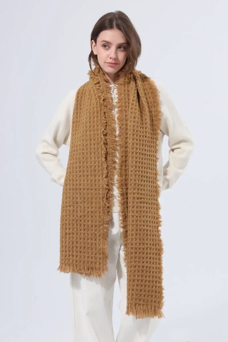 Women Waffle Knit Scarf Soft Fringe Solid Winter Shawl 🧶🤎 - NeoKira Unlimited