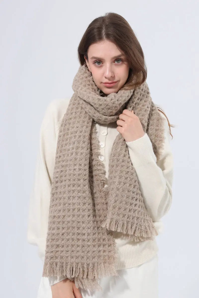 Women Waffle Knit Scarf Soft Fringe Solid Winter Shawl 🧶🤎 - NeoKira Unlimited