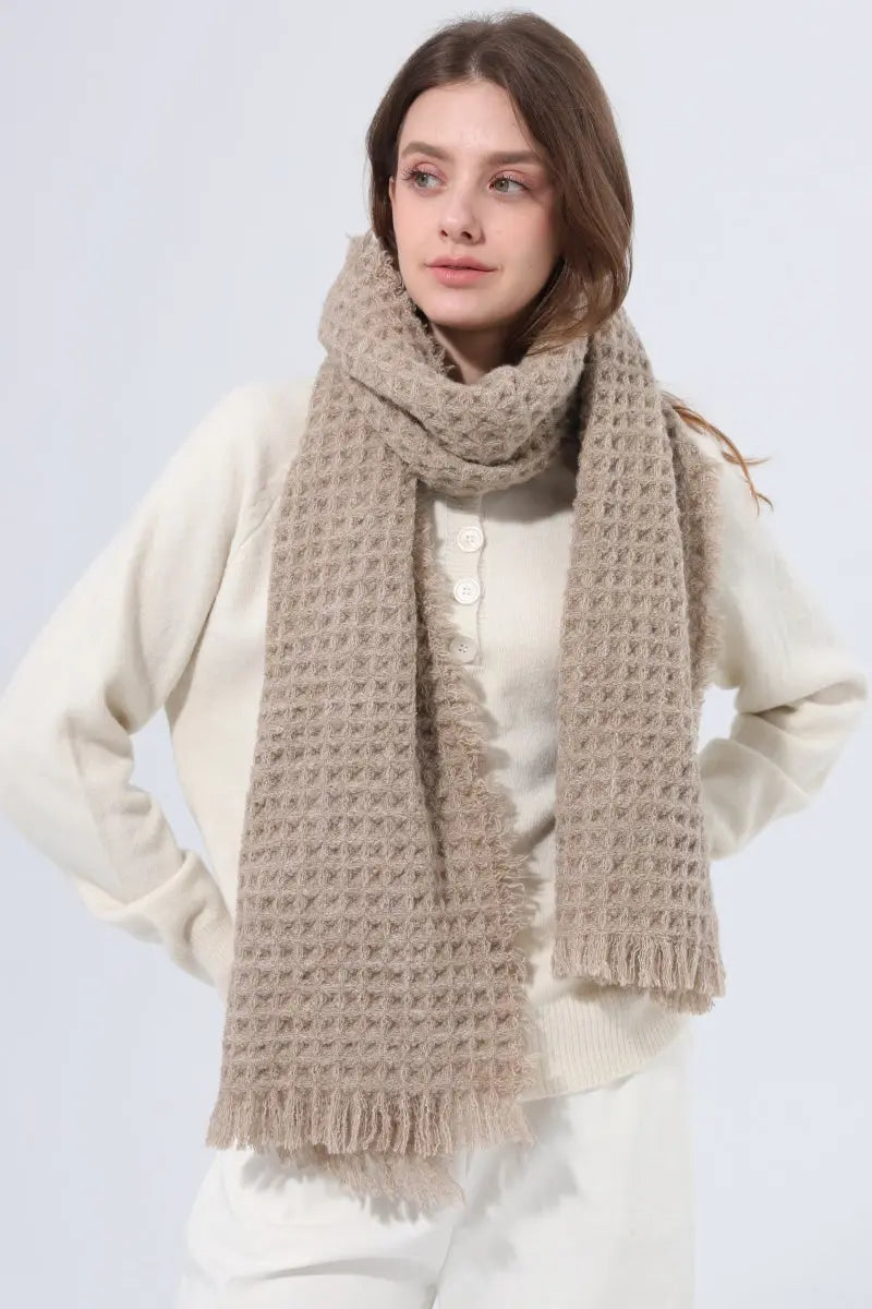 Women Waffle Knit Scarf Soft Fringe Solid Winter Shawl 🧶🤎 - NeoKira Unlimited