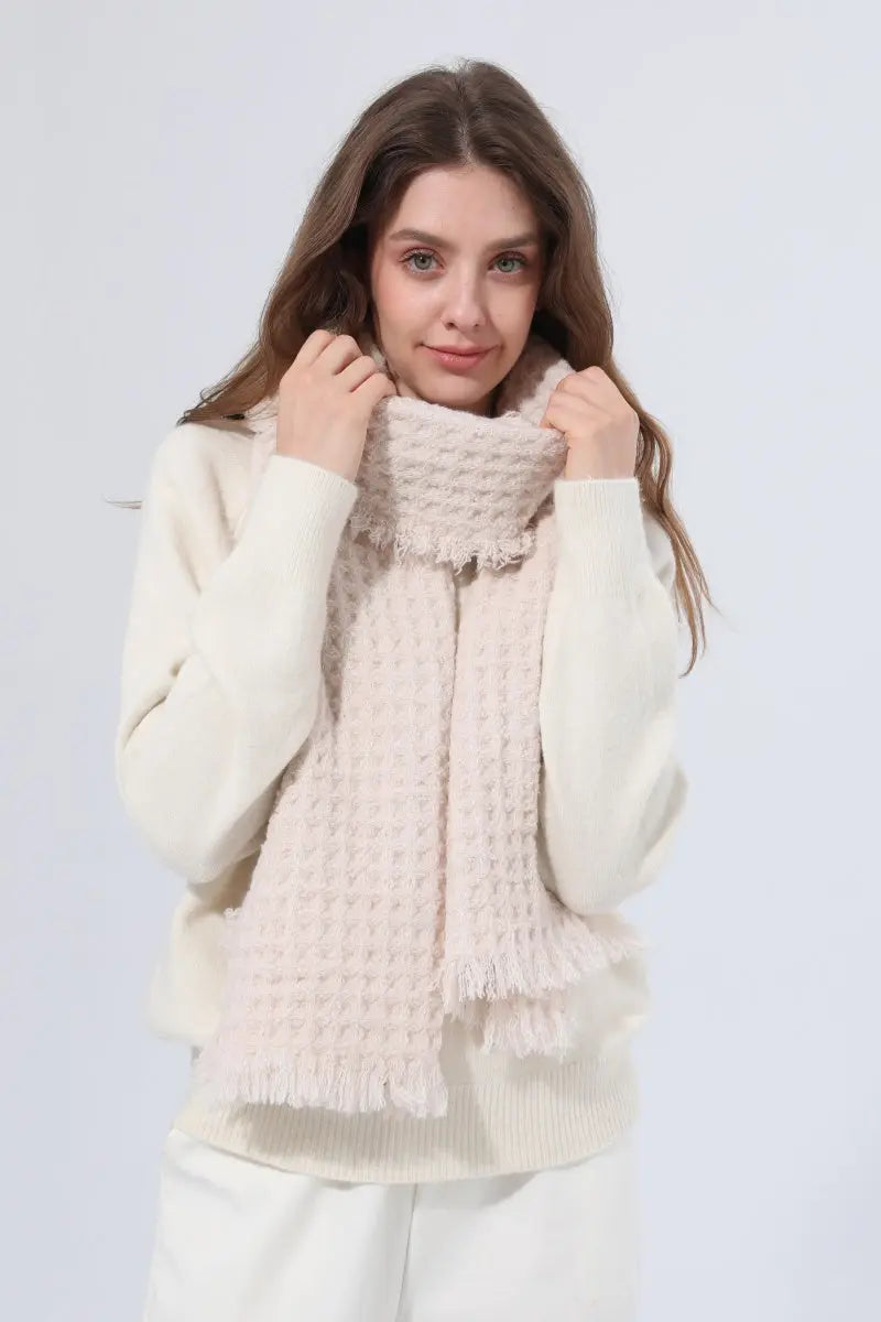 Women Waffle Knit Scarf Soft Fringe Solid Winter Shawl 🧶🤎 - NeoKira Unlimited