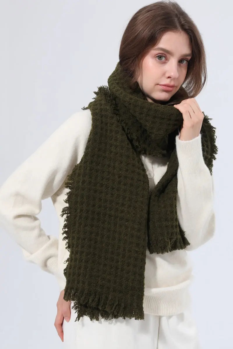 Women Waffle Knit Scarf Soft Fringe Solid Winter Shawl 🧶🤎 - NeoKira Unlimited