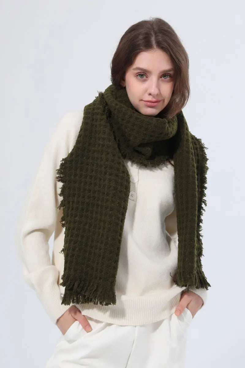 Women Waffle Knit Scarf Soft Fringe Solid Winter Shawl 🧶🤎 - NeoKira Unlimited
