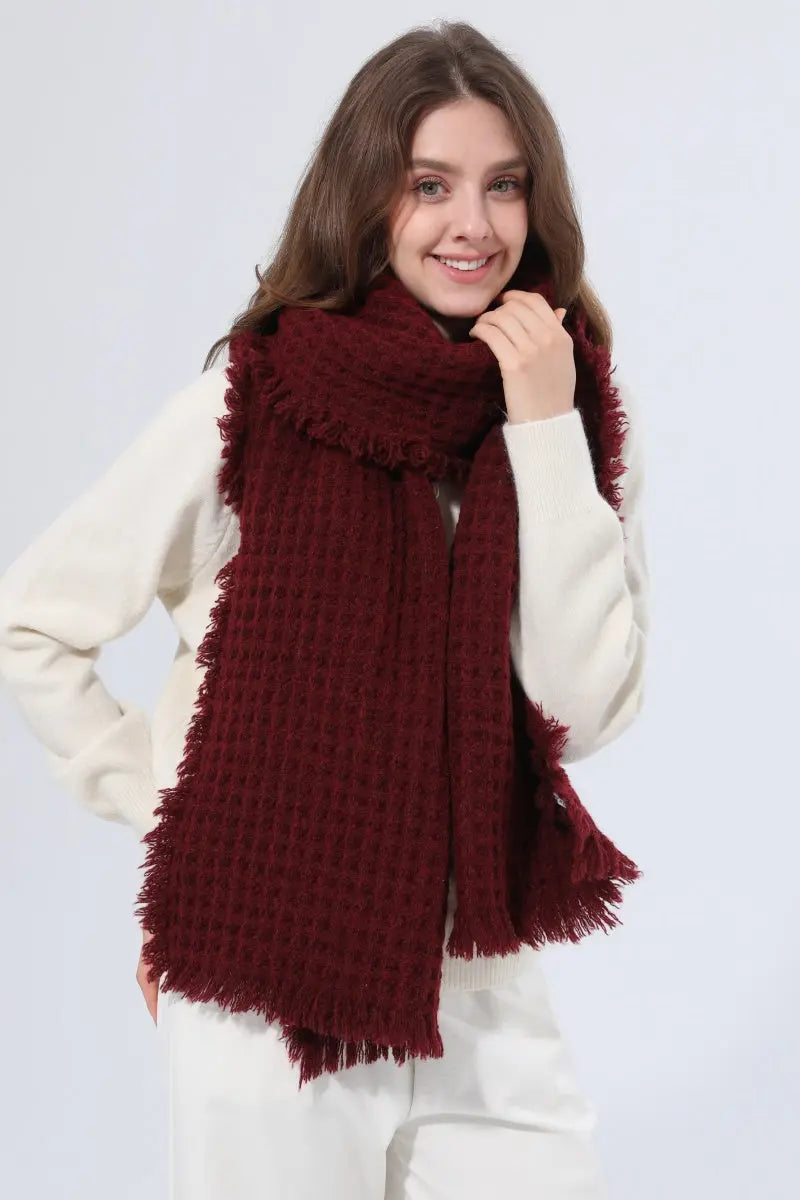Women Waffle Knit Scarf Soft Fringe Solid Winter Shawl 🧶🤎 - NeoKira Unlimited