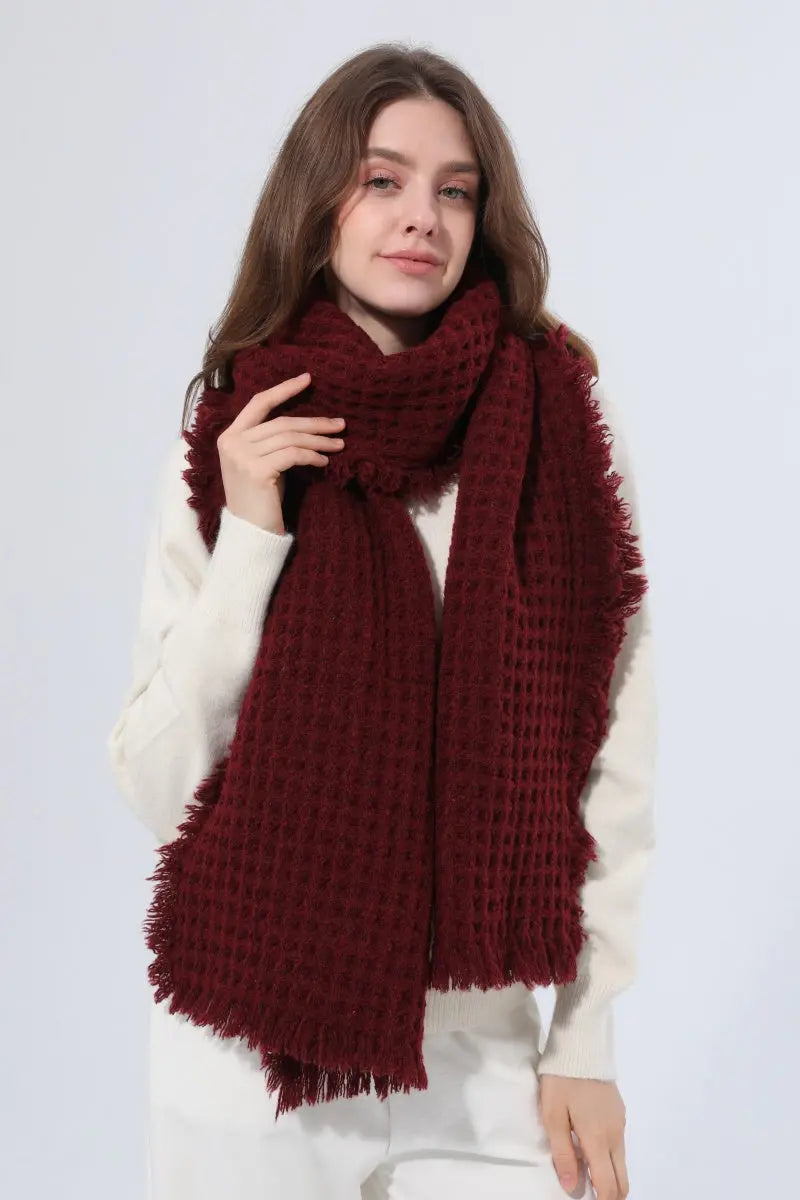 Women Waffle Knit Scarf Soft Fringe Solid Winter Shawl 🧶🤎 - NeoKira Unlimited