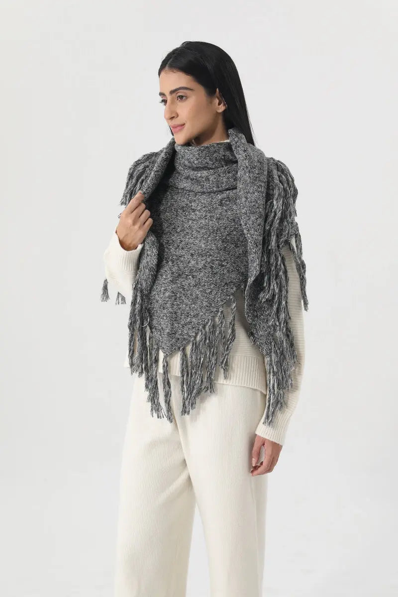 Fringed Knit Triangle Shawl Multi Wear Wrap Scarf 🧶🍂 - NeoKira Unlimited