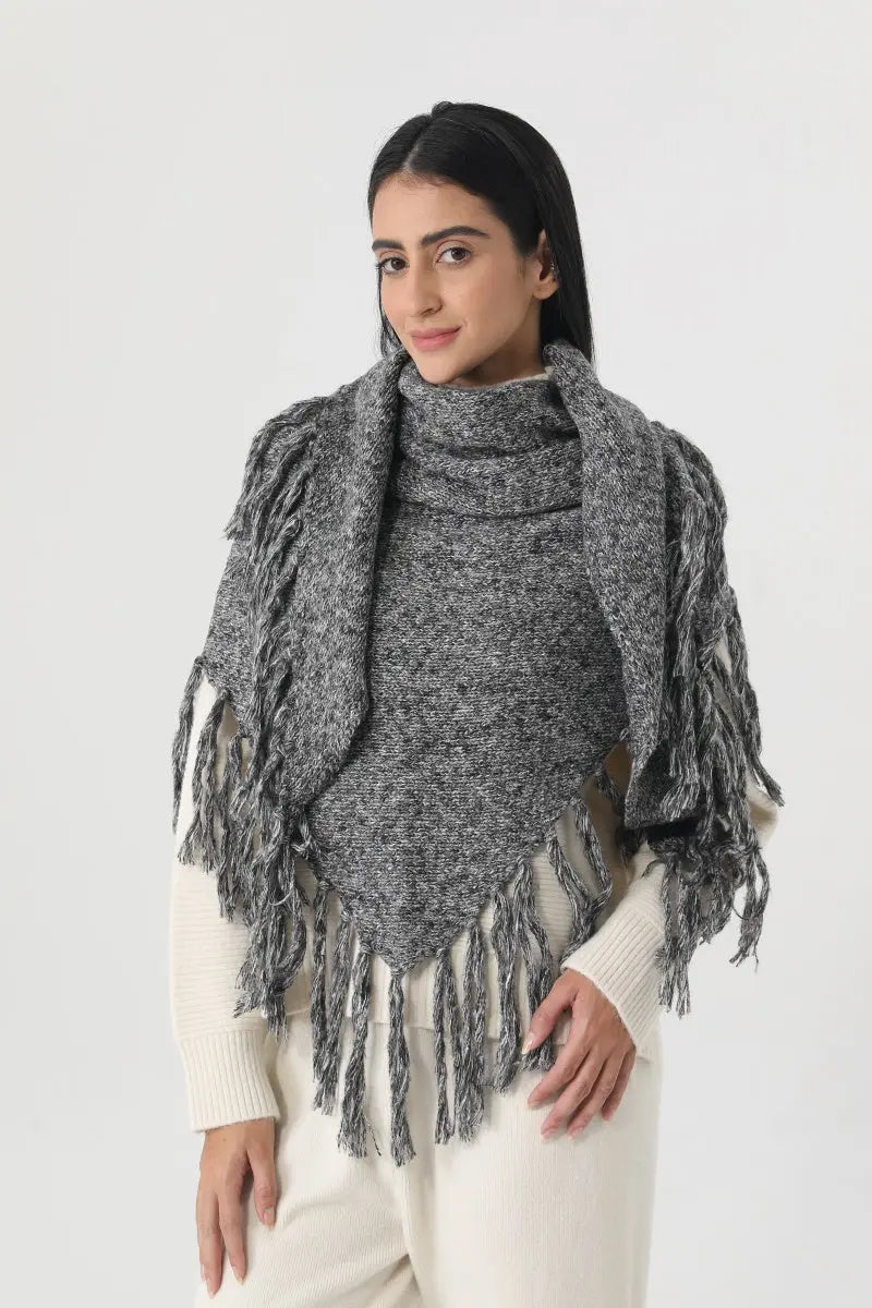 Fringed Knit Triangle Shawl Multi Wear Wrap Scarf 🧶🍂 - NeoKira Unlimited