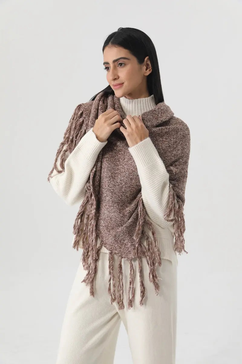 Fringed Knit Triangle Shawl Multi Wear Wrap Scarf 🧶🍂 - NeoKira Unlimited