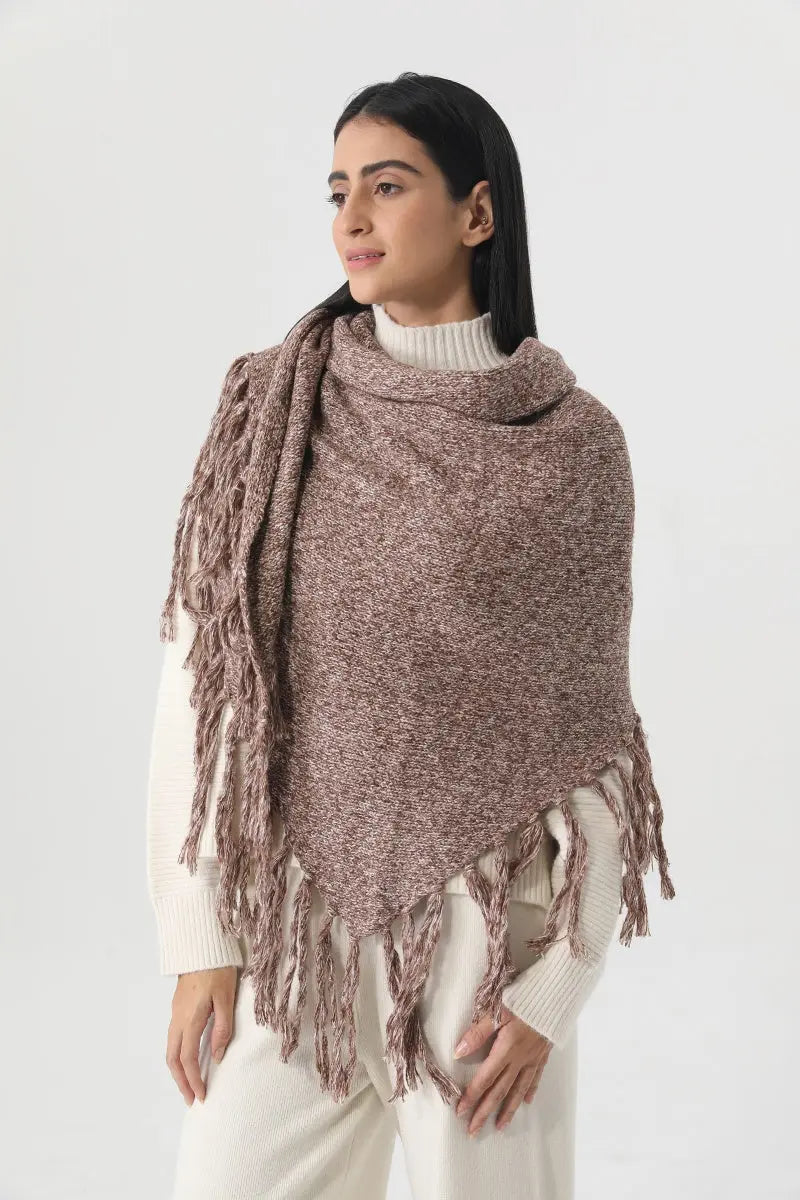 Fringed Knit Triangle Shawl Multi Wear Wrap Scarf 🧶🍂 - NeoKira Unlimited