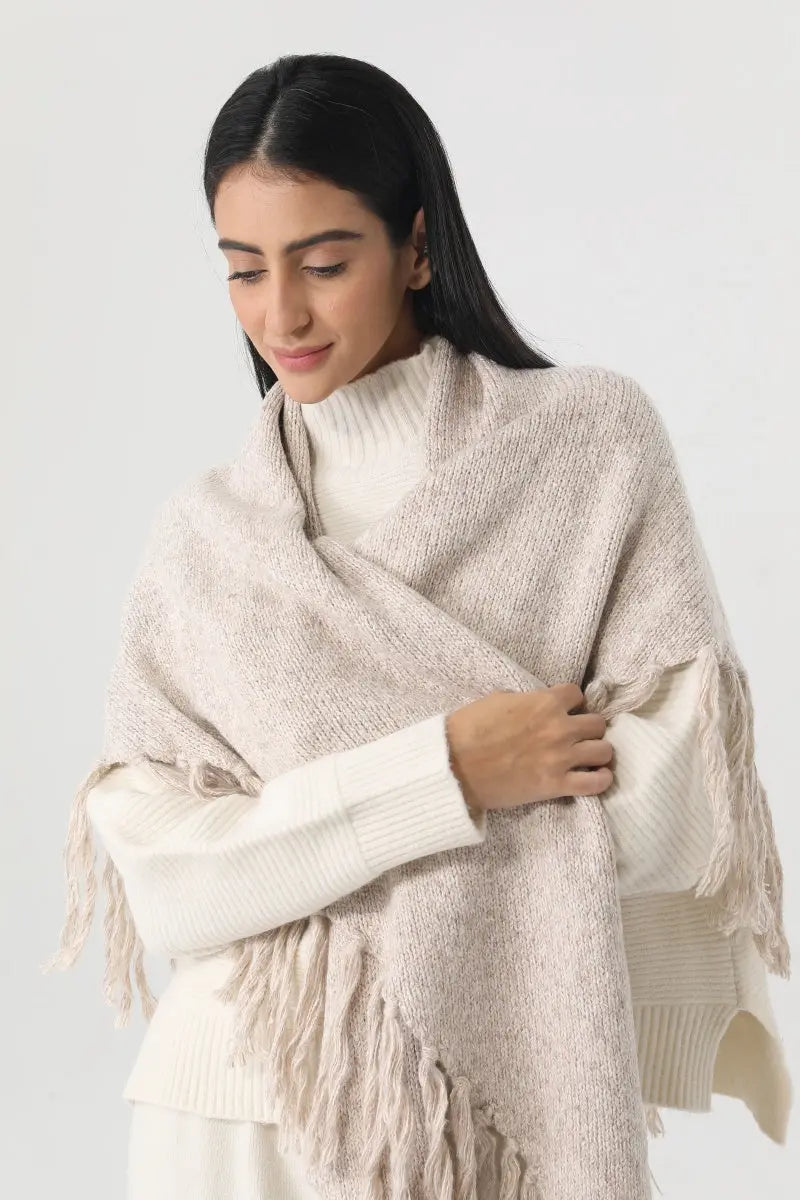 Fringed Knit Triangle Shawl Multi Wear Wrap Scarf 🧶🍂 - NeoKira Unlimited