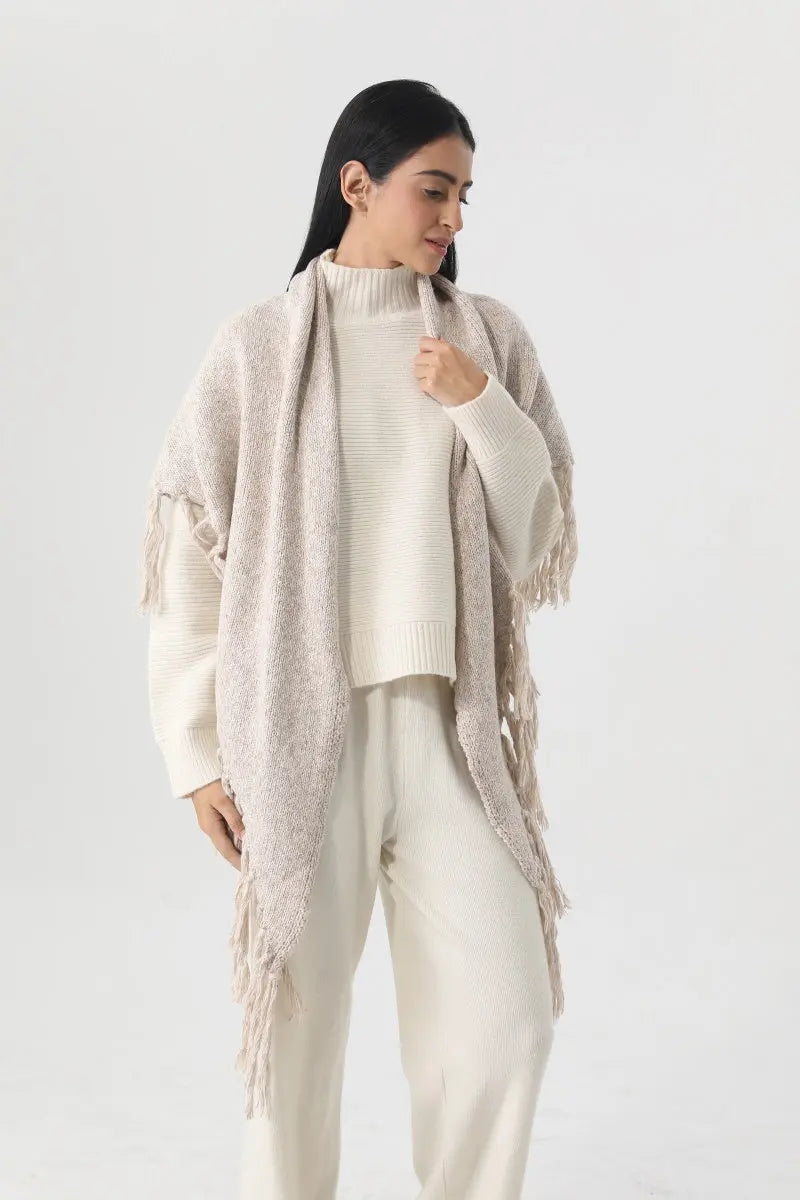 Fringed Knit Triangle Shawl Multi Wear Wrap Scarf 🧶🍂 - NeoKira Unlimited