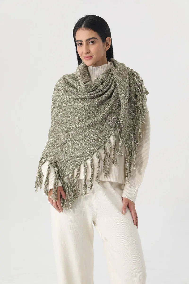 Fringed Knit Triangle Shawl Multi Wear Wrap Scarf 🧶🍂 - NeoKira Unlimited