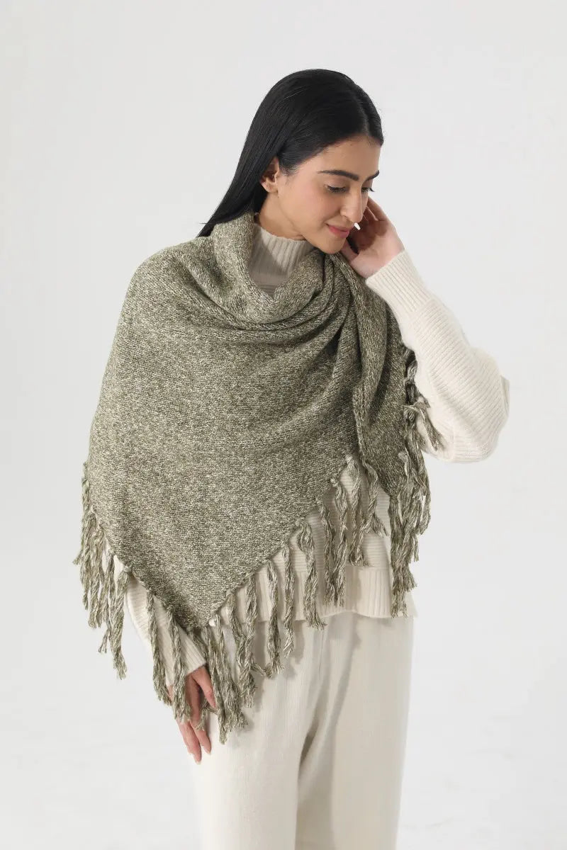 Fringed Knit Triangle Shawl Multi Wear Wrap Scarf 🧶🍂 - NeoKira Unlimited