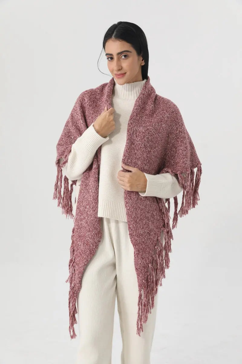 Fringed Knit Triangle Shawl Multi Wear Wrap Scarf 🧶🍂 - NeoKira Unlimited