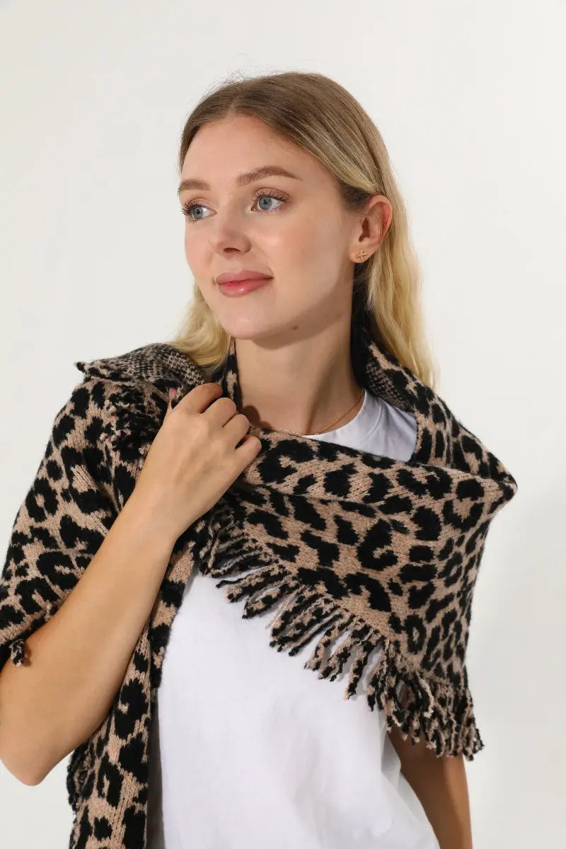 Leopard Knit Poncho Fringe Soft Warm Women Cape Shawl 🧶🐆 - NeoKira Unlimited