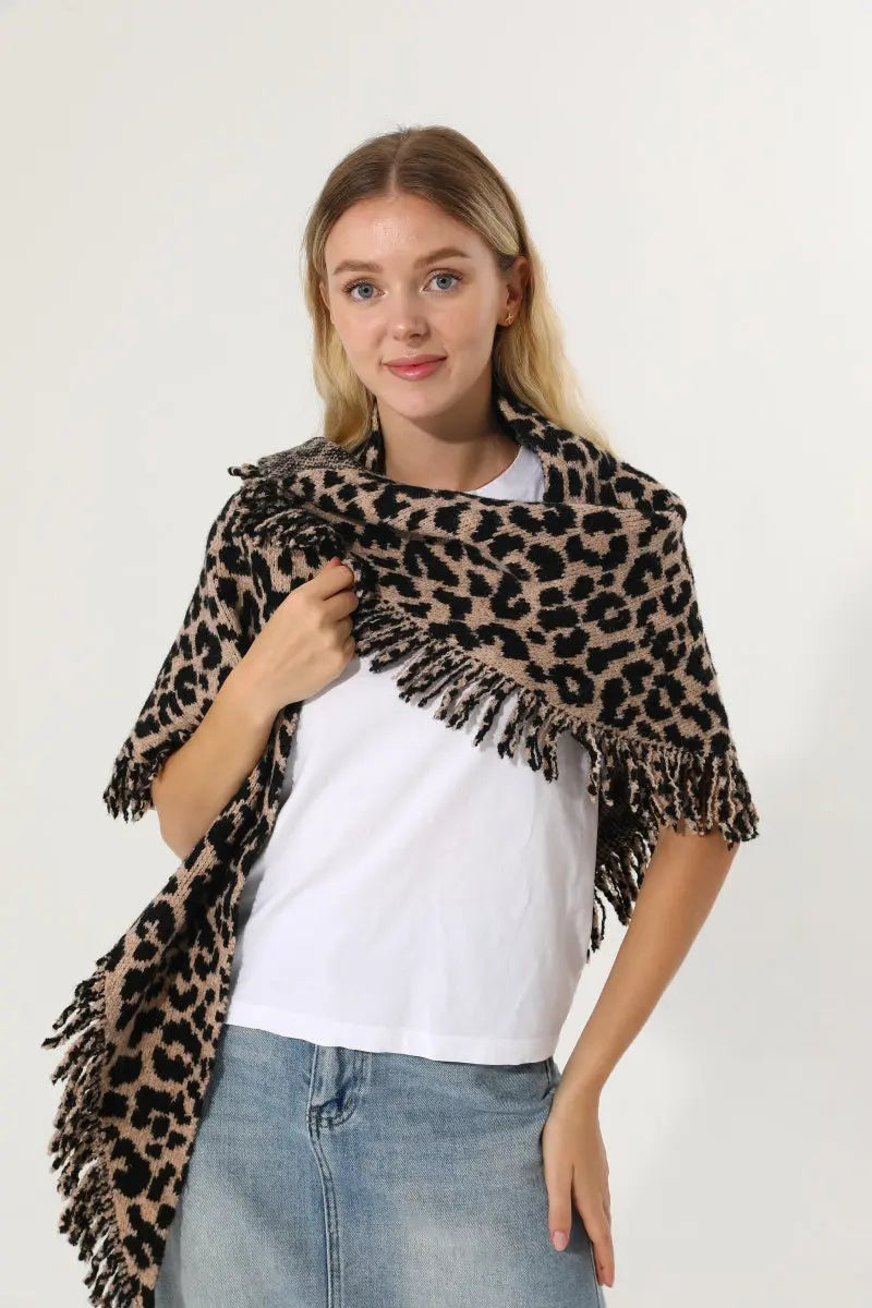 Leopard Knit Poncho Fringe Soft Warm Women Cape Shawl 🧶🐆 - NeoKira Unlimited