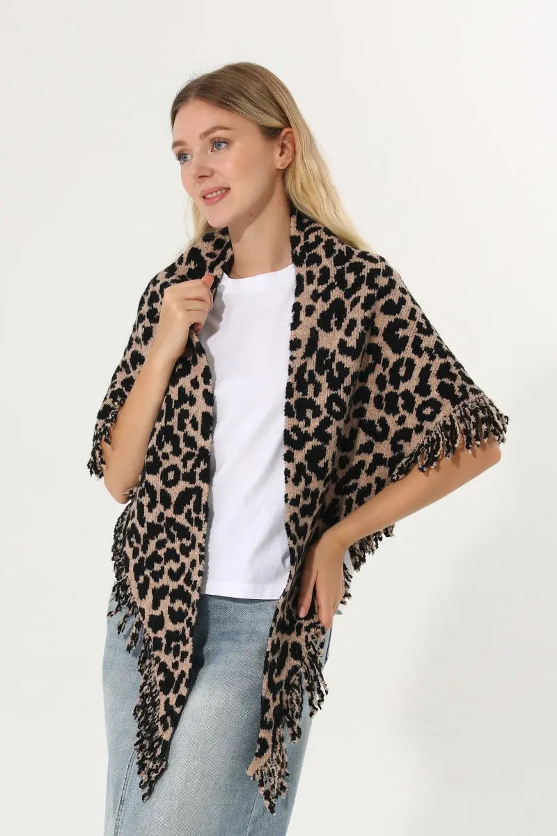 Leopard Knit Poncho Fringe Soft Warm Women Cape Shawl 🧶🐆 - NeoKira Unlimited
