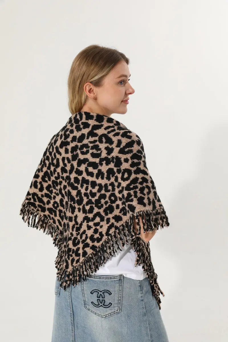 Leopard Knit Poncho Fringe Soft Warm Women Cape Shawl 🧶🐆 - NeoKira Unlimited