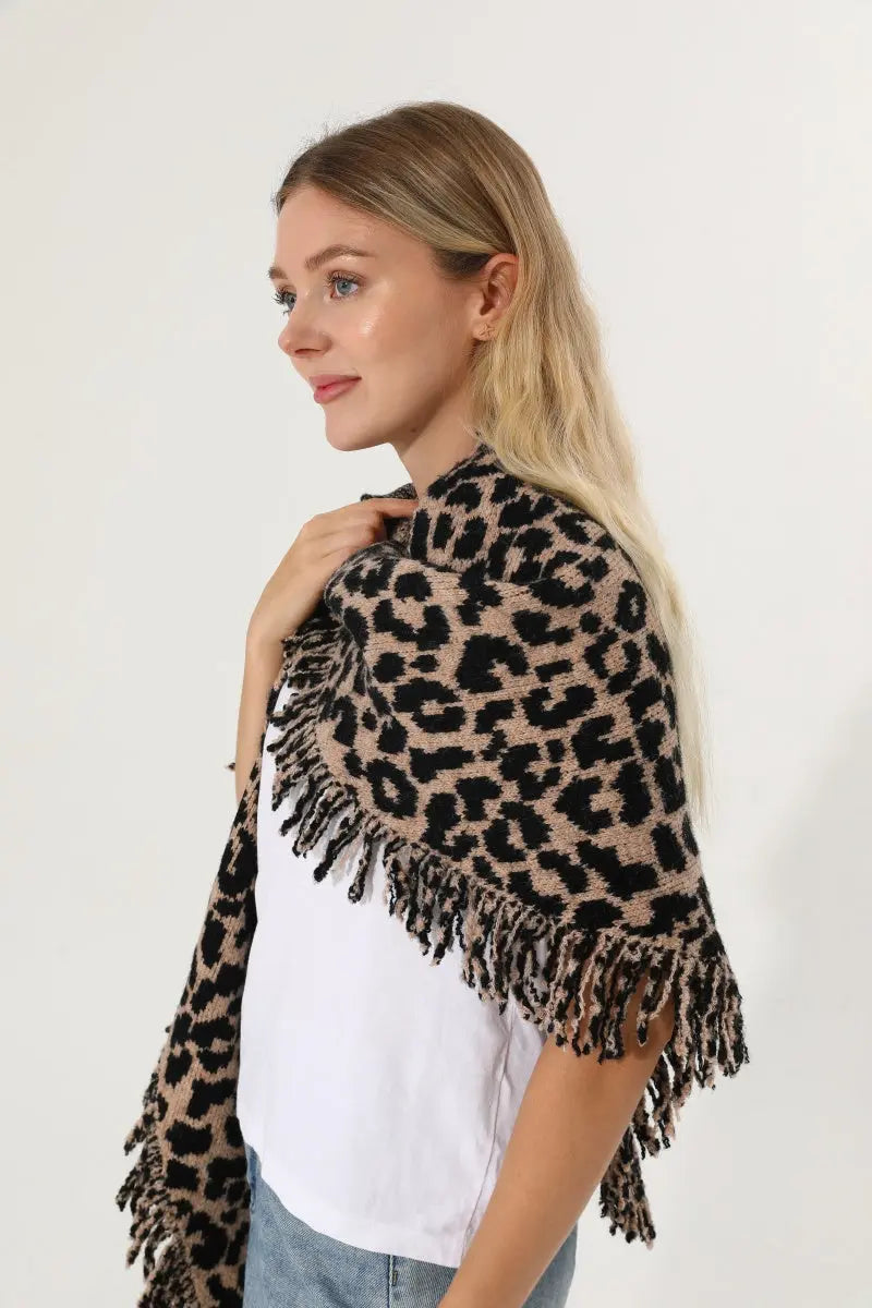 Leopard Knit Poncho Fringe Soft Warm Women Cape Shawl 🧶🐆 - NeoKira Unlimited