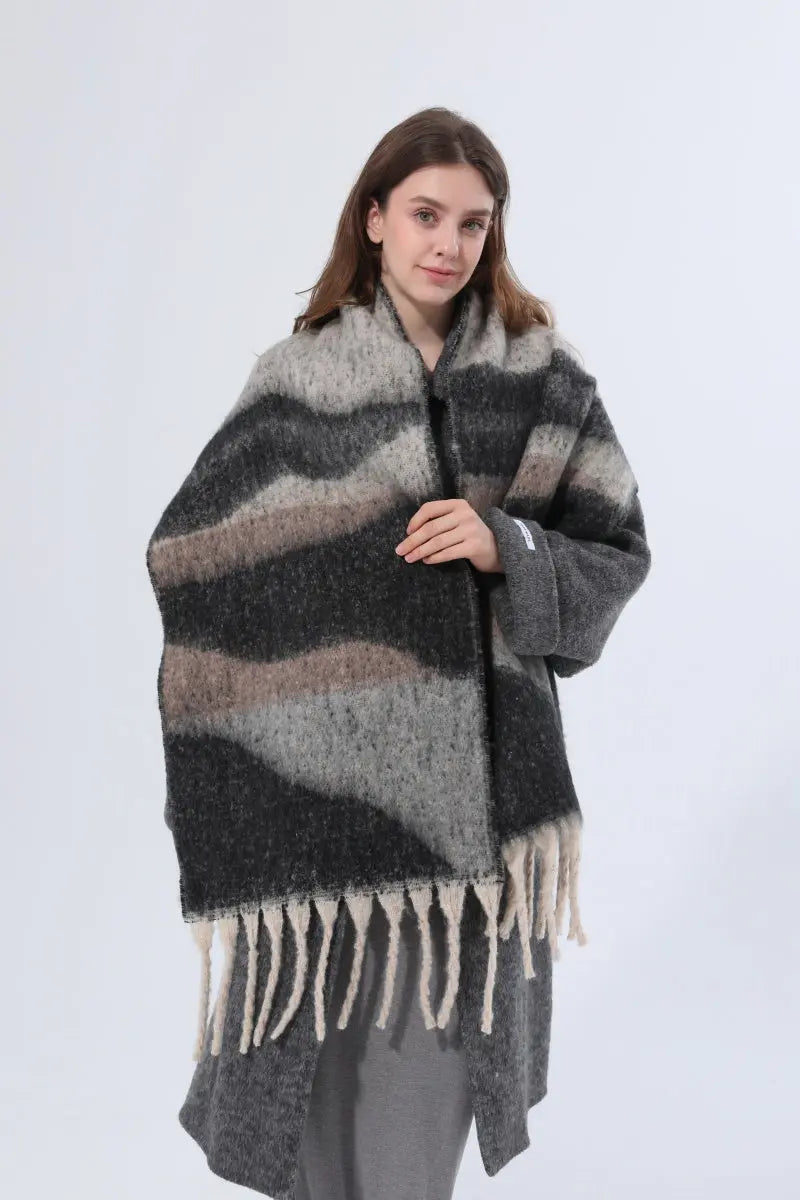 Thick Gradient Stripe Tassel Women Warm Scarf - NeoKira Unlimited