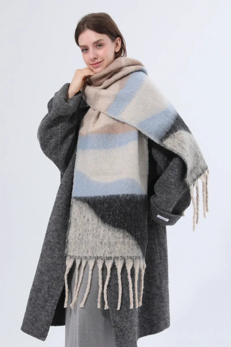 Thick Gradient Stripe Tassel Women Warm Scarf - NeoKira Unlimited