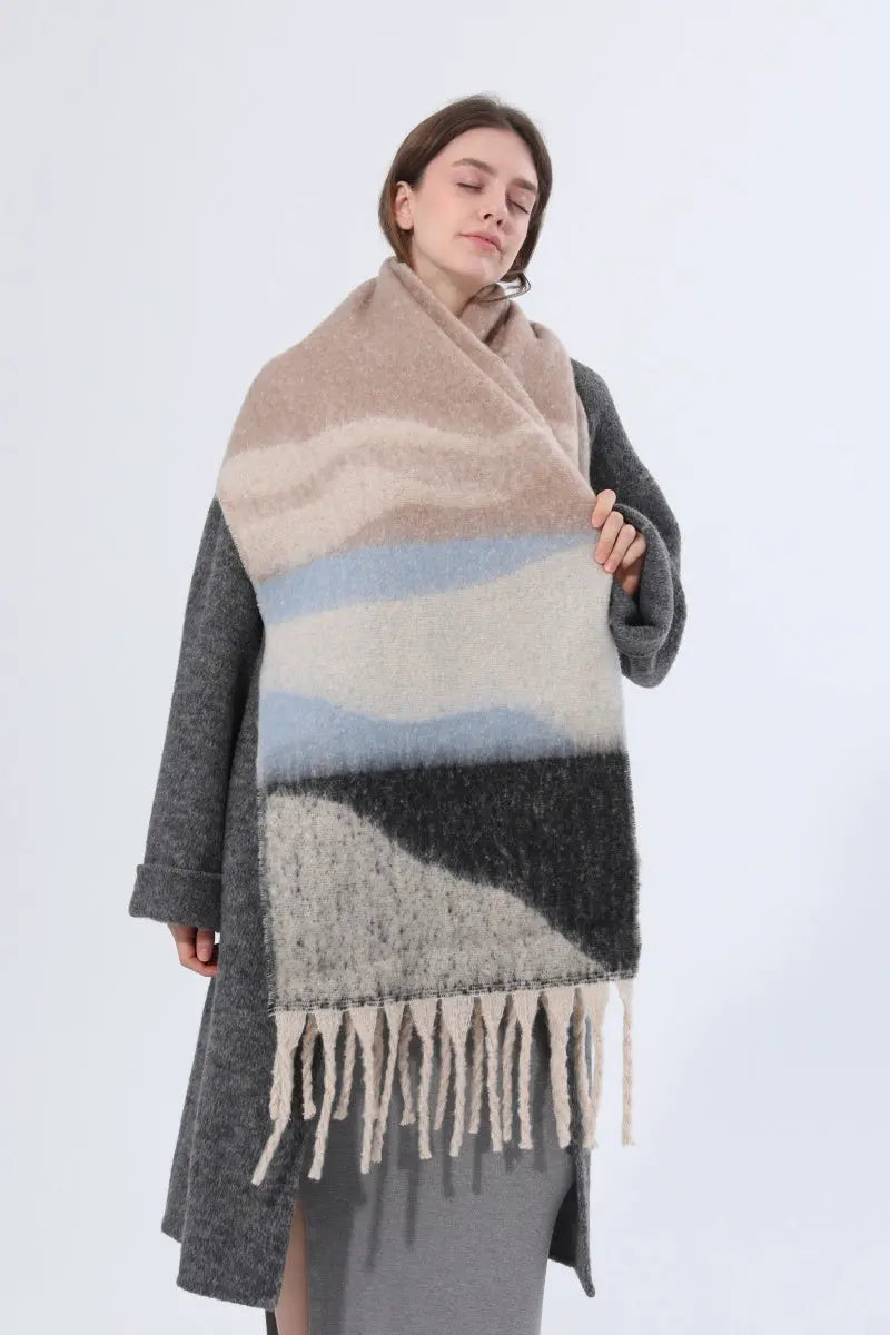 Thick Gradient Stripe Tassel Women Warm Scarf - NeoKira Unlimited
