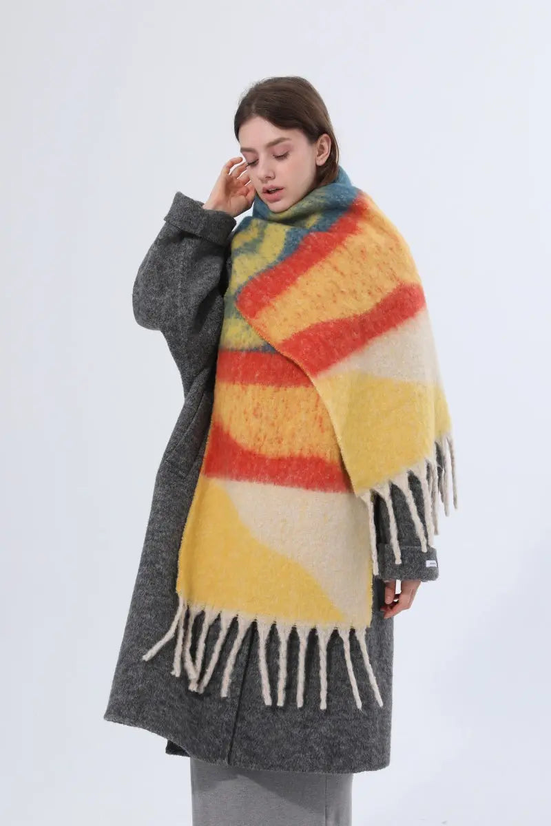 Thick Gradient Stripe Tassel Women Warm Scarf - NeoKira Unlimited