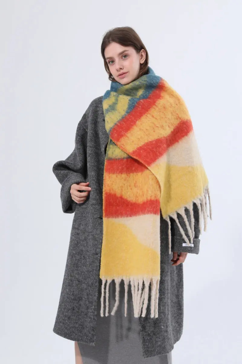 Thick Gradient Stripe Tassel Women Warm Scarf - NeoKira Unlimited