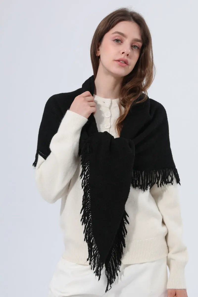 Women Warm Knit Triangle Shawl Frayed Edge Multi-Use Scarf - NeoKira Unlimited