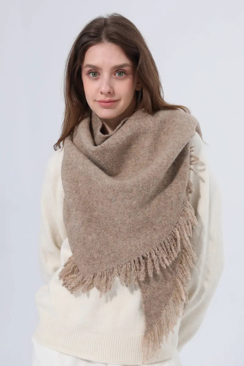Women Warm Knit Triangle Shawl Frayed Edge Multi-Use Scarf - NeoKira Unlimited