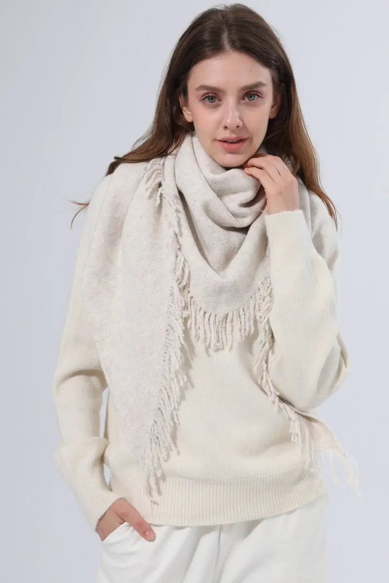 Women Warm Knit Triangle Shawl Frayed Edge Multi-Use Scarf - NeoKira Unlimited